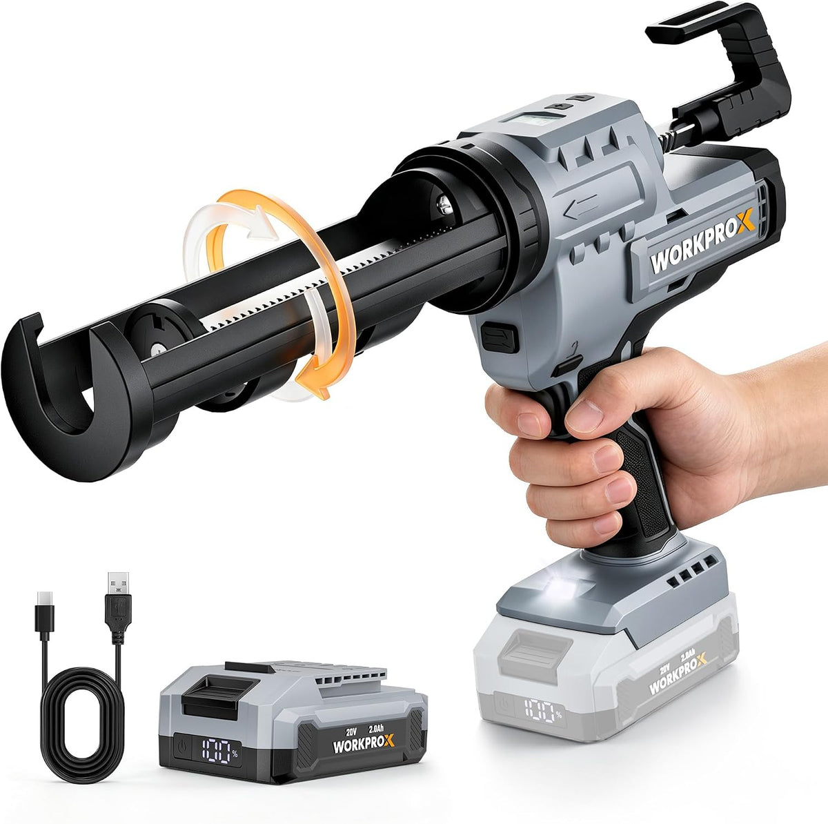 WORKPROX 20V 10OZ Cordless Caulking Gun with Battery, 6 Adjustable Speeds | Max 5500N Force, Flow:0.5–7.5 mm/s, Max Runtime 170 min, Anti-Drip Technology, Auto Retract for Filling, Sealing Narrow Gaps