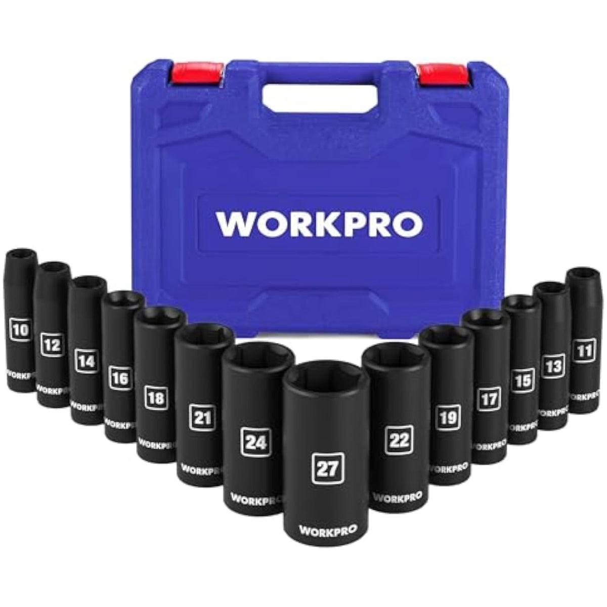 WORKPRO 14-Piece 1/2" Drive Deep Impact Socket Set, 6-Point Impact Deep Socket Set with Heavy Duty Storage Case for Automotive and Mechanical Repairs, 10mm-27mm, Cr-V Steel, Metric