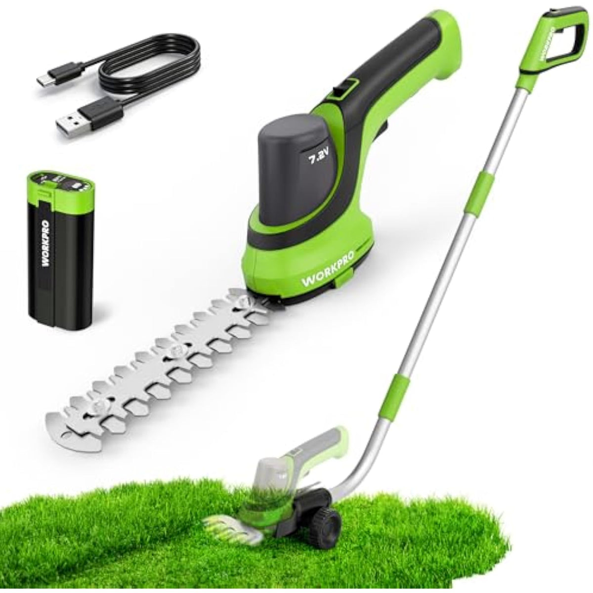 WORKPRO 7.2V Handheld Grass Trimmer, 2-in-1 Cordless Hedge Trimmer & Grass Shears with 44.5” Wheeled Extension Pole, 2Ah Battery, Shrub Trimmer for Lawn Edging, Garden, Yard & Hedge Trimming
