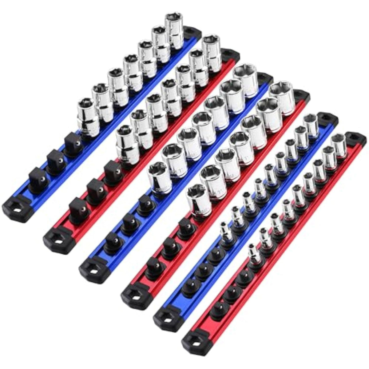 WORKPRO Magnetic Socket Organizer - 6-Piece Aluminum Alloy Socket Rail, Heavy Duty Socket Holder - Set: 1/4-Inch x 12 Clips, 3/8-Inch x 10 Clips, 1/2-Inch x 10 Clips