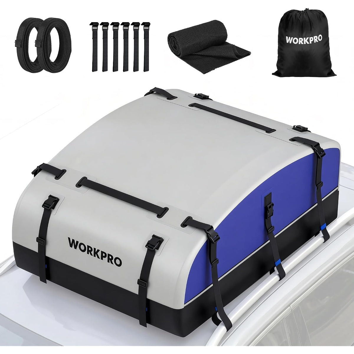 WORKPRO 21 Cubic Feet Rooftop Cargo Carrier Roof Bag, Waterproof Roof Rack Cargo Carrier for Vehicles with/Without Rack, Heavy Duty 840D PVC, Includes Anti-Slip Mat, 6 Door Hooks and Storage Bag