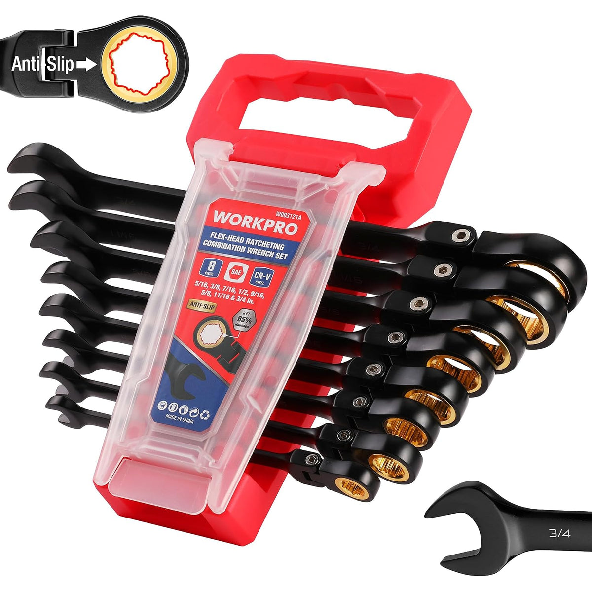 WORKPRO 8-piece Flex Head Ratcheting Wrench Set, Anti-slip Set SAE 5/16-3/4 inch, 72-Teeth, Cr-V Constructed, Black Electrophoretic Coating with Rack Organizer