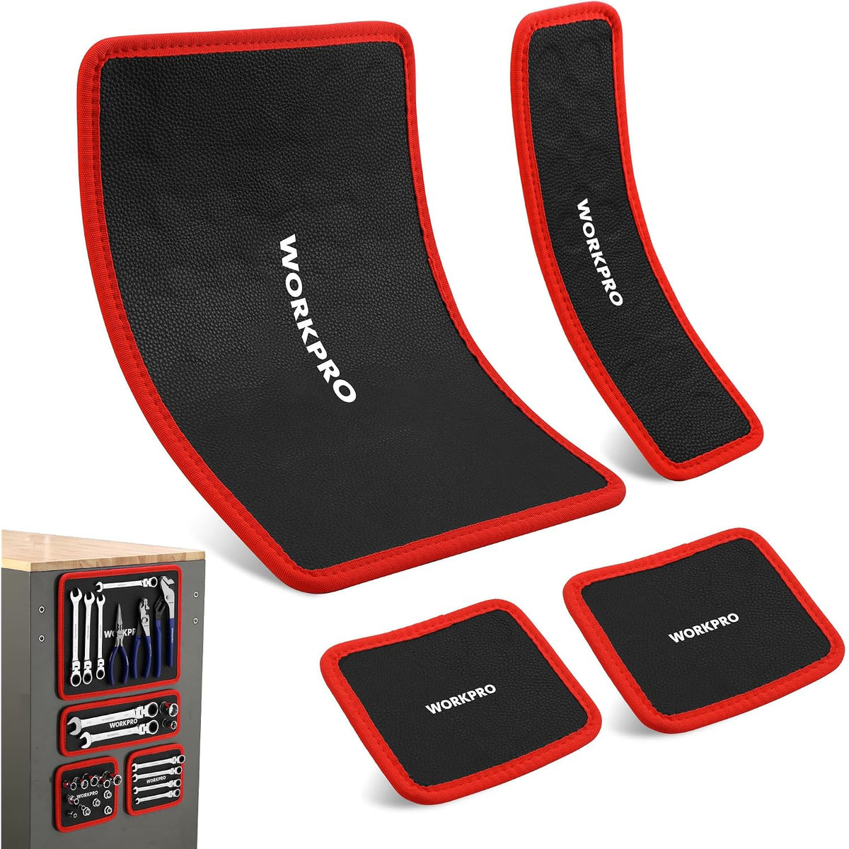 WORKPRO 4-Piece Magnetic Tool Mat, Flexible Magnetic Tool Holder Tray with Durable PVC Surface for Garage, Workshop and Auto Repair (6.4 x 5.3/12.6 x4.1/12.6 x9.6 in)