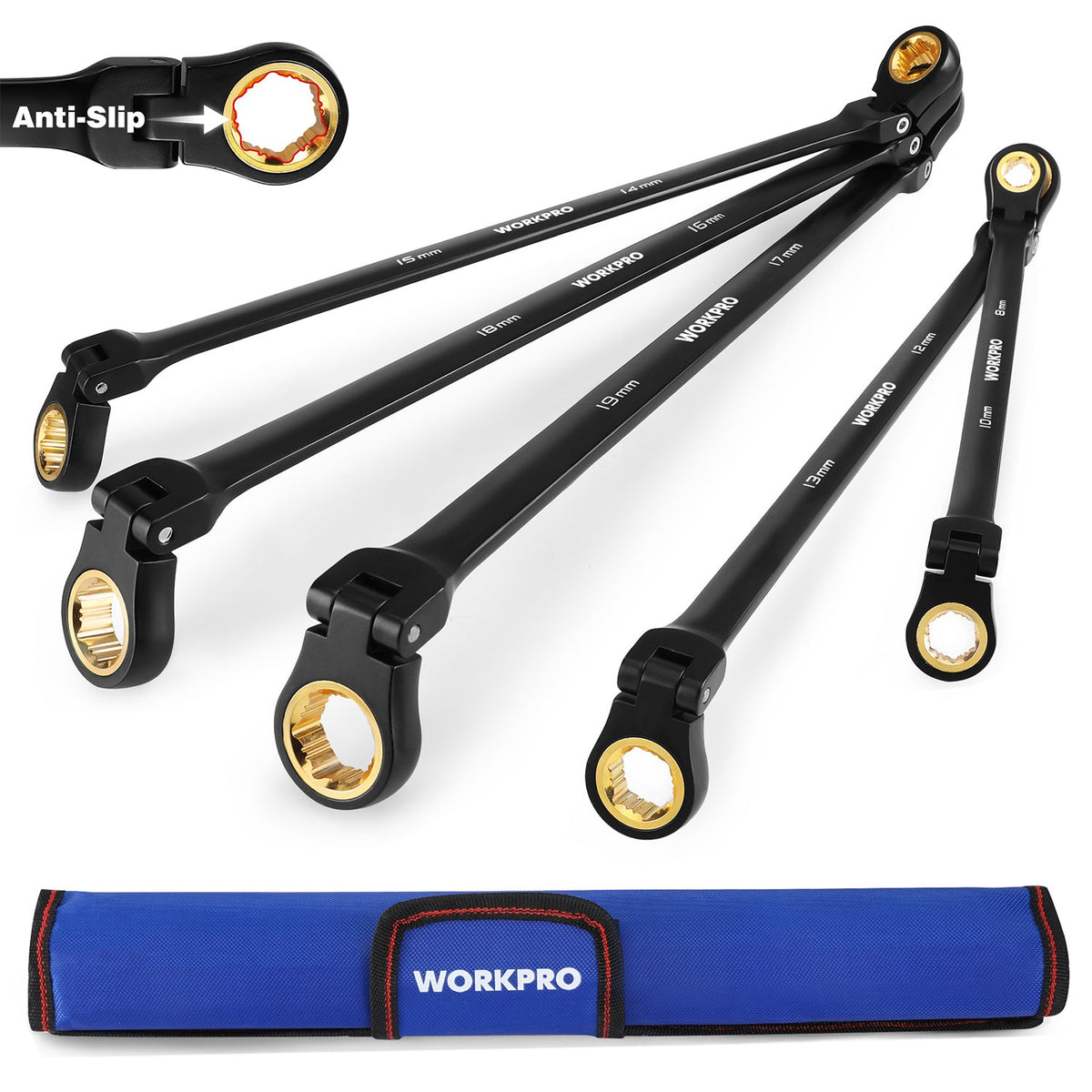 WORKPRO 5-piece Anti-Slip Double Box Extra Long Flex-Head Ratcheting Wrench Set with Rolling Pouch, Metric 8-19 mm