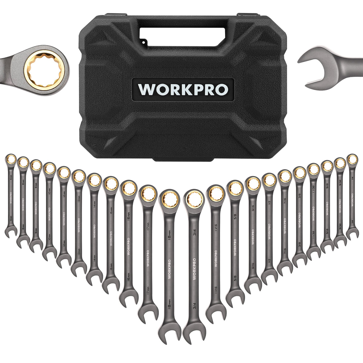 WORKPRO 22-Piece Regular Ratcheting Wrench Set with Organizer Box, 72 Teeth, Metric 6-18mm & SAE 1/4-3/4"