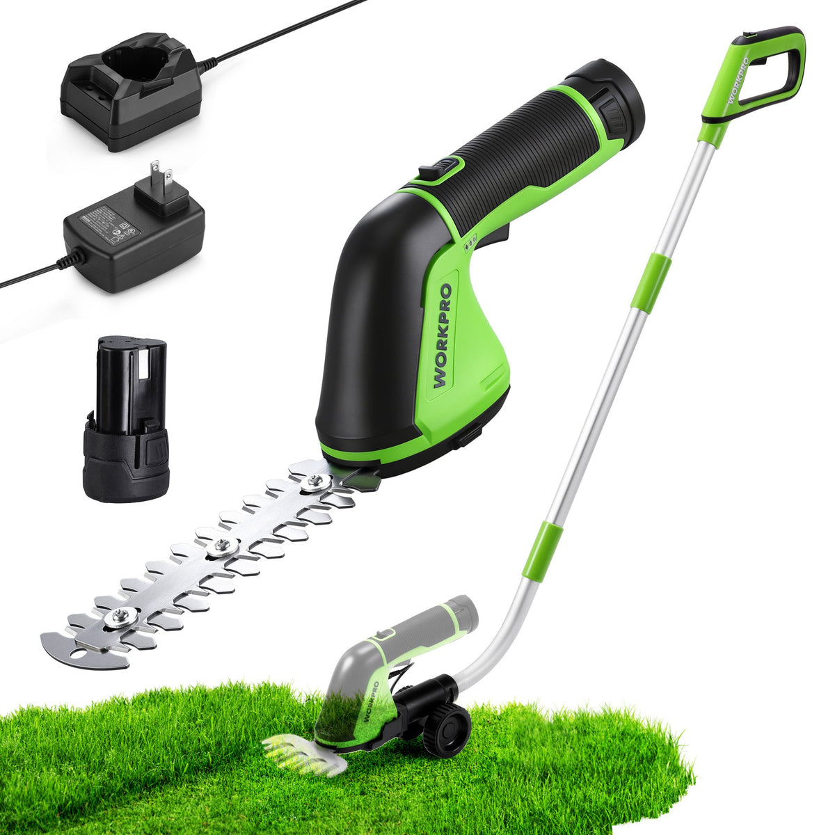 WORKPRO 12V Cordless Grass Shear, 2-in-1 Electric Hedge Trimmer & Grass Cutter, with 37’’ Wheeled Extension Pole, 2.0Ah Battery, 1-Hour Fast Charger, Lightweight Bush Trimmer for Lawn and Garden