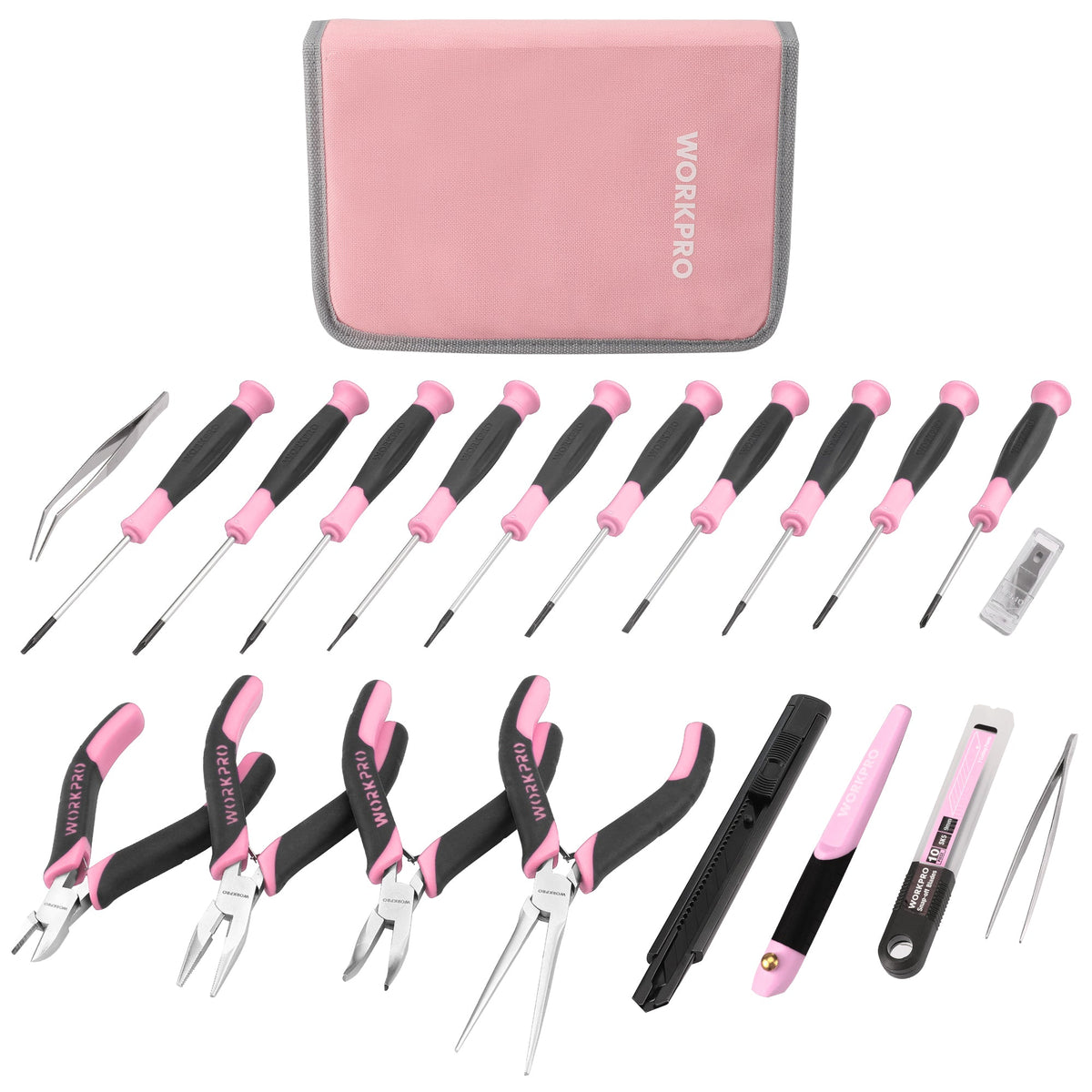 WORKPRO 33 Pcs Precision Repair Tool Set Includes Pliers Set - Pink Ribbon
