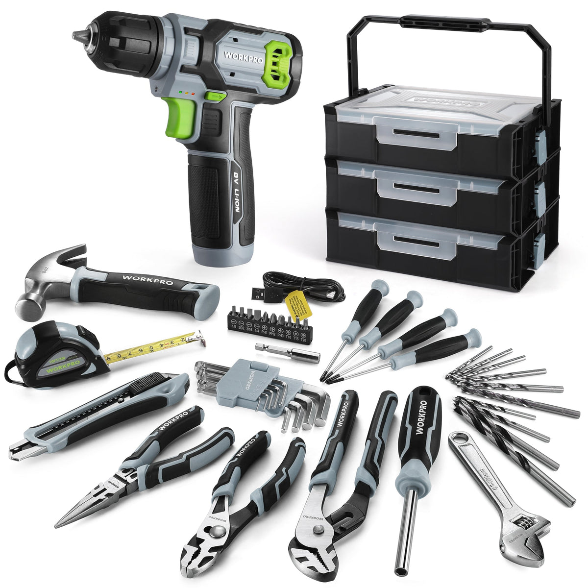 WORKPRO 43-Piece Cordless 8V Drill Driver Home Tool Set with Stackable Tool Box, Grey