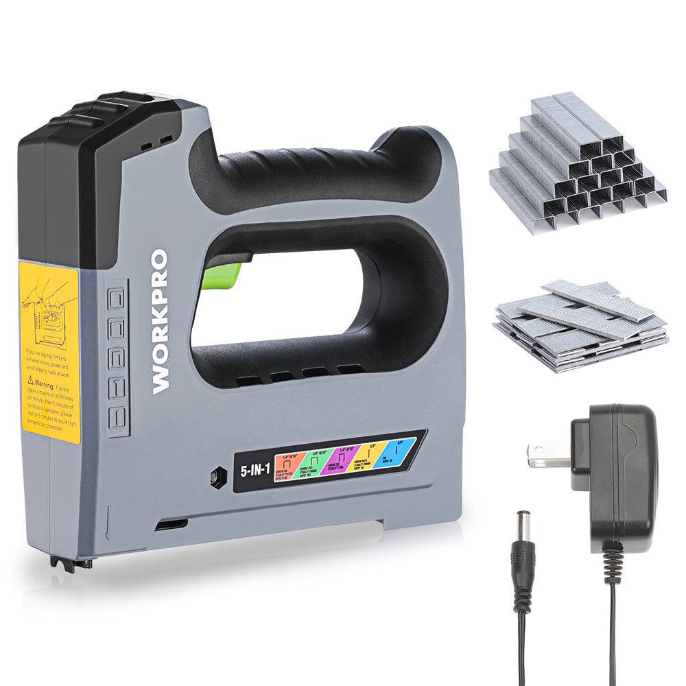WORKPRO 5 in 1 Cordless Staple Gun, 3.6V Rechargeable Electric Stapler with 2000 Staples and Nails, Upholstery Staple Gun for Wood, Furniture, Office, and DIY Projects
