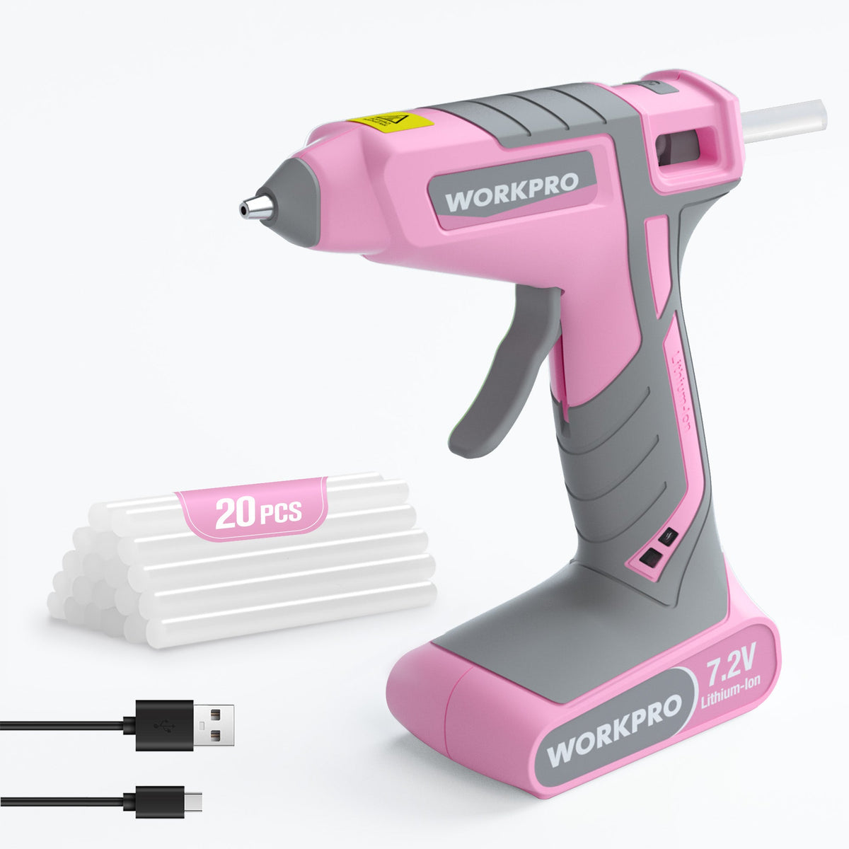 WORKPRO Pink Cordless Hot Melt Glue Gun, 7.2V Rechargeable Fast Preheating Glue Gun Kit with 20 Pc Premium Mini Glue Stick, Automatic-Power-Off Hot Glue Gun for Art, Craft, Decoration - Pink Ribbon