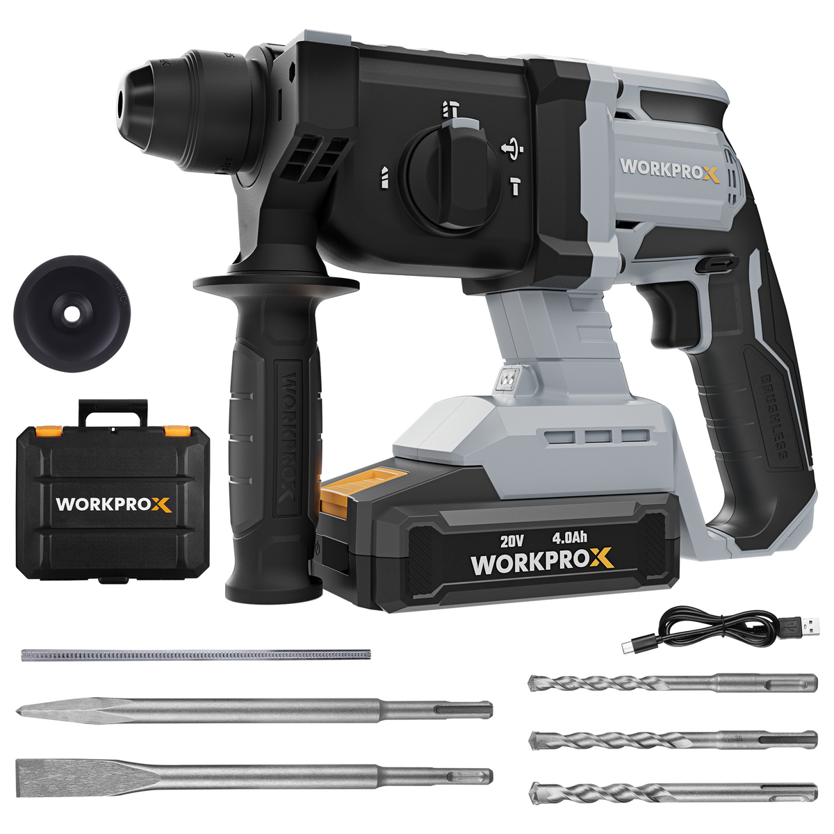 WORKPROX 20V Cordless Rotary Hammer Drill, 7/8" SDS-Plus, 2.0J Hammer Drill for Concrete with 4 Functions, Brushless Motor, 4.0Ah Battery & LED Light, Lightweight SDS Hammer Drill for Home Use