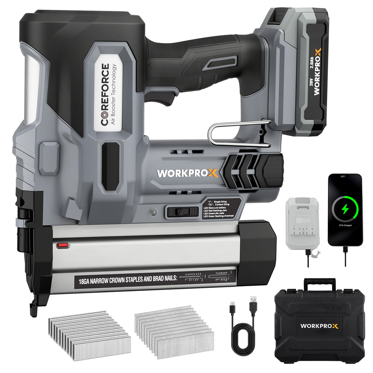 WORKPROX 20V Cordless Brad Nailer Kit, 18 Gauge 2-in-1 Nail & Staple Gun with 2.0Ah Rechargeable Battery, 1000 Staples & 1000 Nails, for Woodworking, Upholstery, DIY Projects & Home Improvement