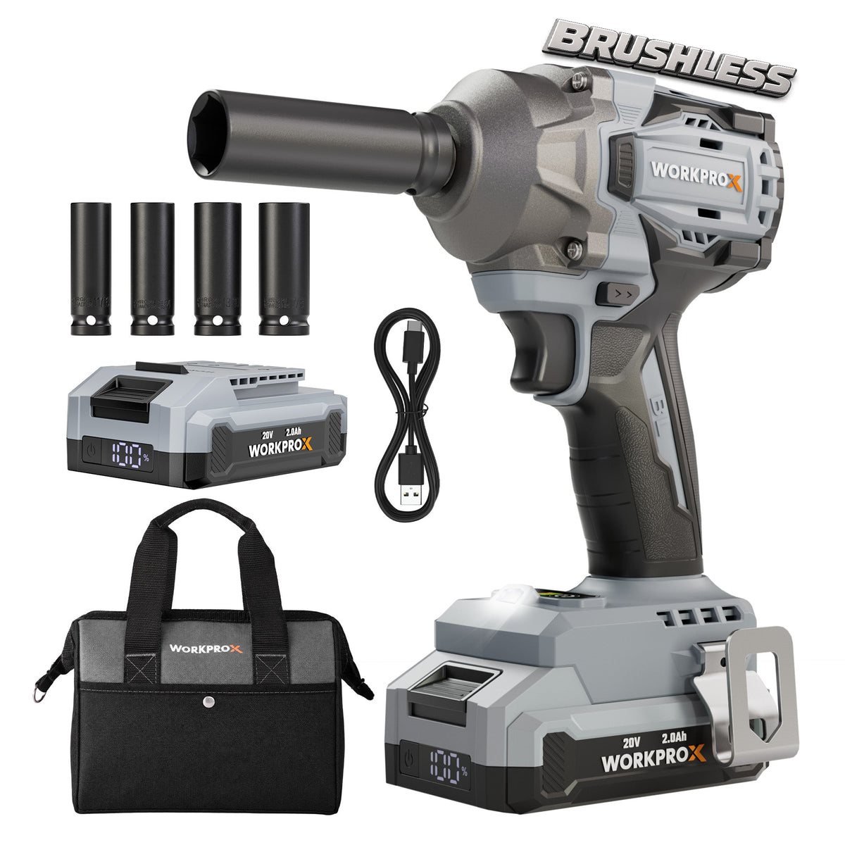 WORKPROX 20V Cordless Impact Wrench Brushless, 440 Ft-Ibs 1/2 Impact Gun | 600N.m High Torque Electric Impact Driver for Car Tire Change, Mower, Pickup & Home Repair, 3 Speeds, LED, 4 Sockets