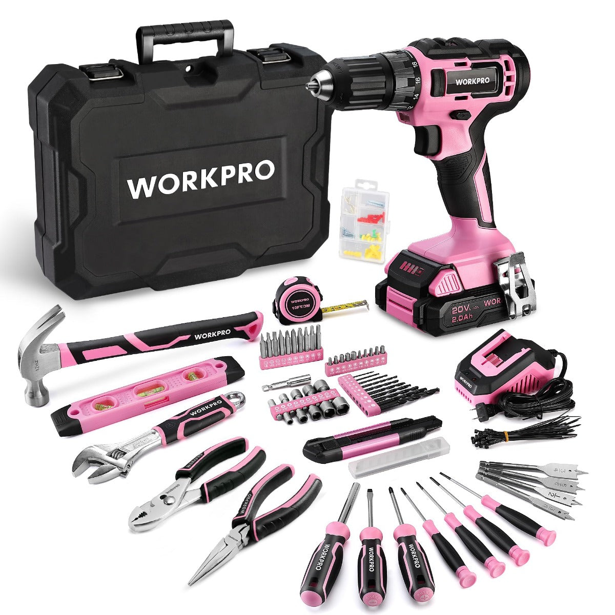 WORKPRO 20V Pink Cordless Drill Driver and 141 Pcs Home Tool Set - Pink Ribbon