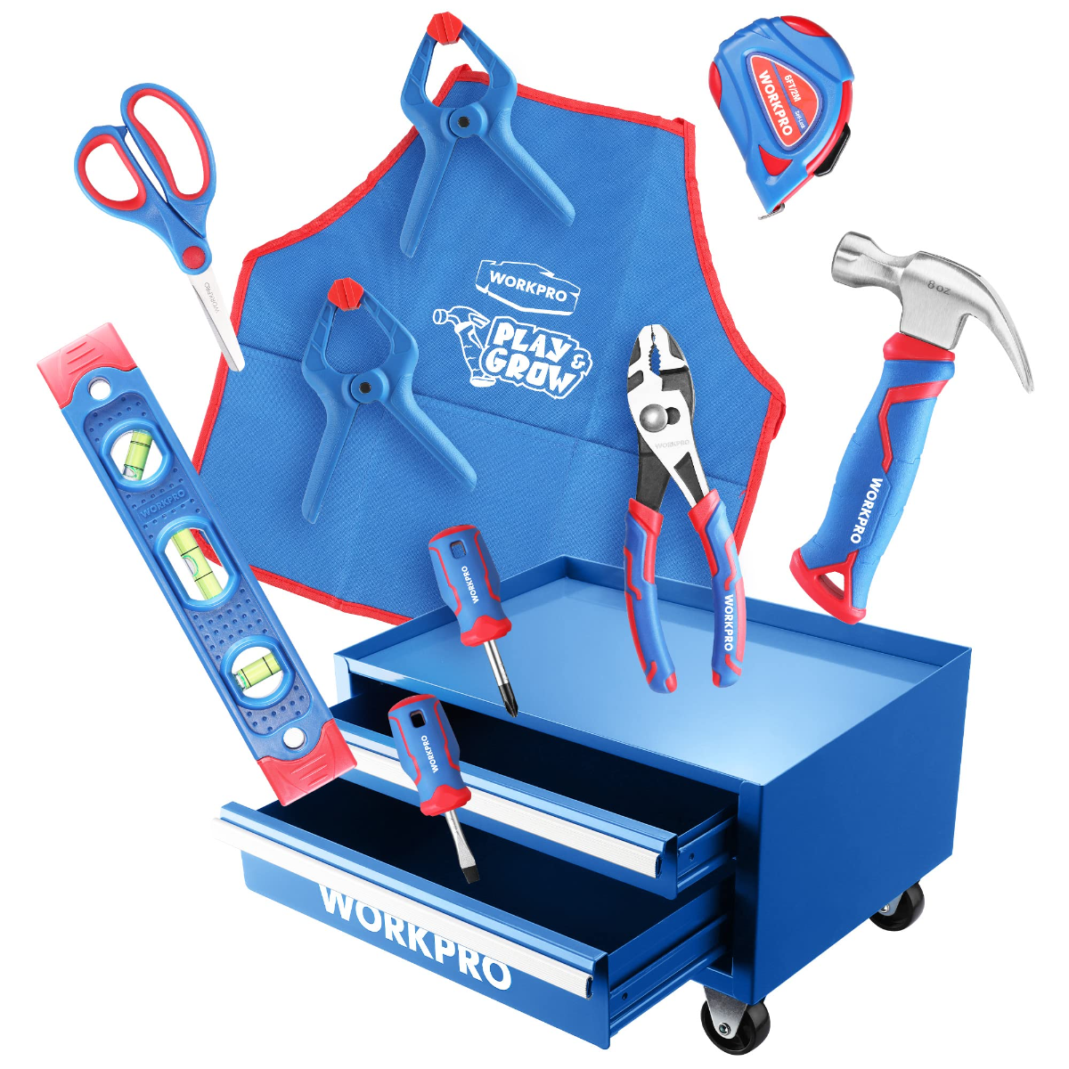 WORKPRO Beginner Kids Tool Set with 12 Inch Steel Tool Case on Wheels, Blue