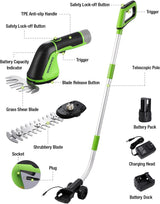 WORKPRO 12V Cordless Grass Shear, 2-in-1 Electric Hedge Trimmer & Grass Cutter, with 37’’ Wheeled Extension Pole, 2.0Ah Battery, 1-Hour Fast Charger, Lightweight Bush Trimmer for Lawn and Garden
