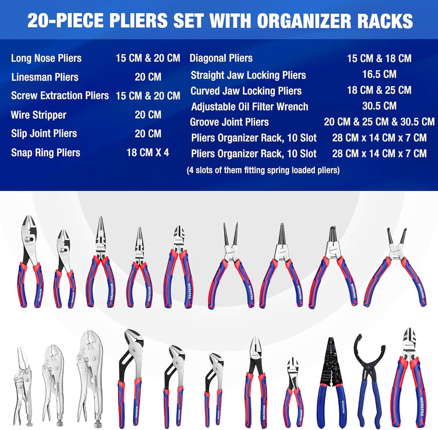 WORKPRO Pliers Set, 20-Piece Pliers Set with 2-pack Organizer Rack | Channel Locks Plier and Vise Grip Plier Assortment