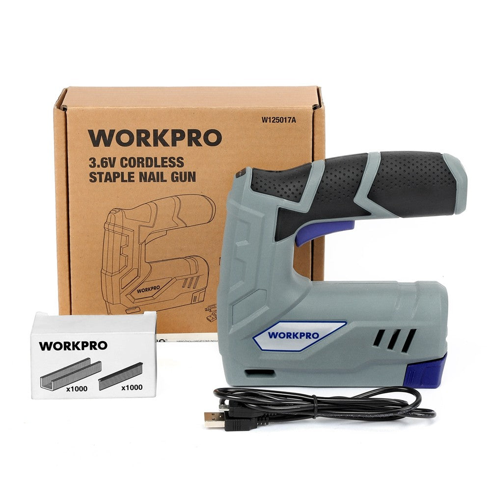 WORKPRO 3.6V Electric Staple Nail Gun 2000PCS Staples Nails USB Charging Cable
