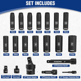 WORKPRO 20-Piece 1/2" Drive Deep Impact Socket Set, 6-Point, Cr-V Steel, 10-27mm, Universal Joint, Adapter and Extension Bar, Metric