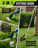 WORKPRO 12V Cordless Grass Shear, 2-in-1 Electric Hedge Trimmer & Grass Cutter, with 37’’ Wheeled Extension Pole, 2.0Ah Battery, 1-Hour Fast Charger, Lightweight Bush Trimmer for Lawn and Garden