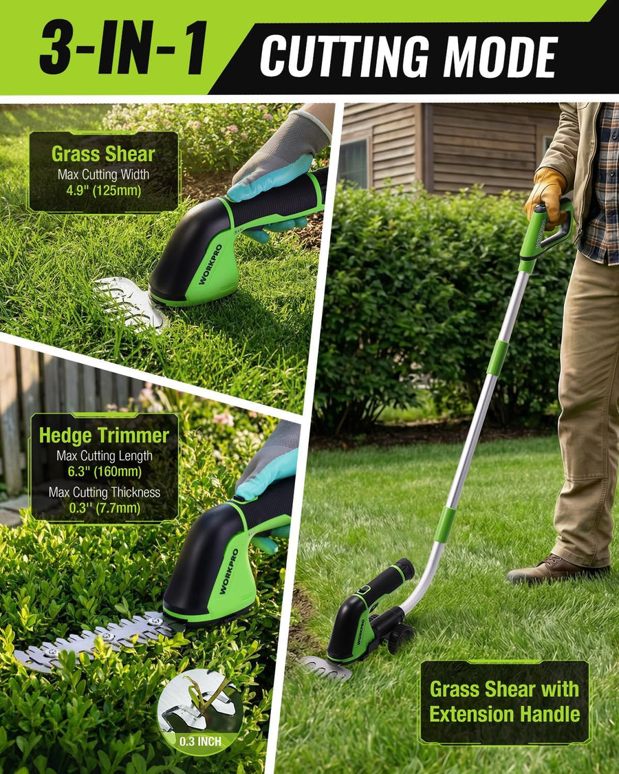 WORKPRO 12V Cordless Grass Shear, 2-in-1 Electric Hedge Trimmer & Grass Cutter, with 37’’ Wheeled Extension Pole, 2.0Ah Battery, 1-Hour Fast Charger, Lightweight Bush Trimmer for Lawn and Garden