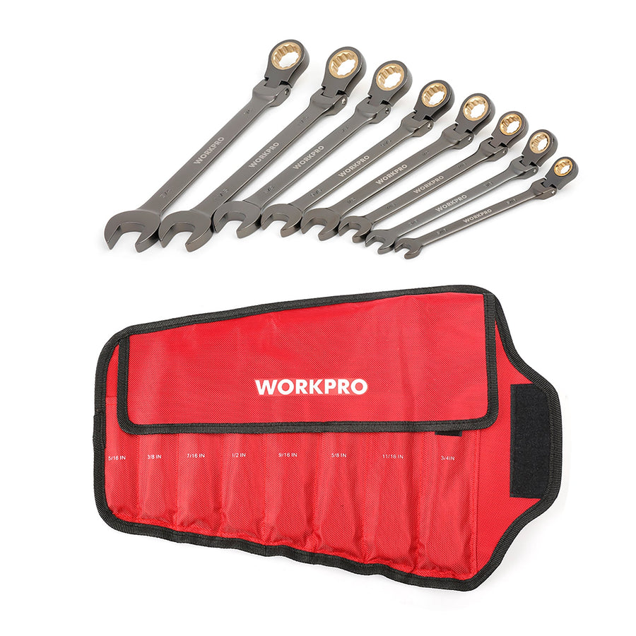WORKPRO 8 Pcs Flex-Head Ratcheting Combination Wrench Set with Organizer Bag, SAE