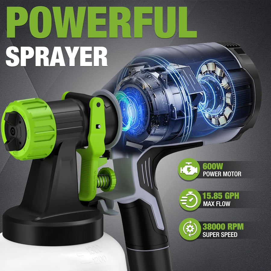 WORKPRO Paint Sprayer, 600W HVLP Spray Paint Gun with 4 Nozzles, 3 Spray Patterns & Adjustable Flow, 44 fl.oz (1300ml) Container, Paint Gun for Furniture, Cabinets, Fence, Walls, Doors, DIY Projects