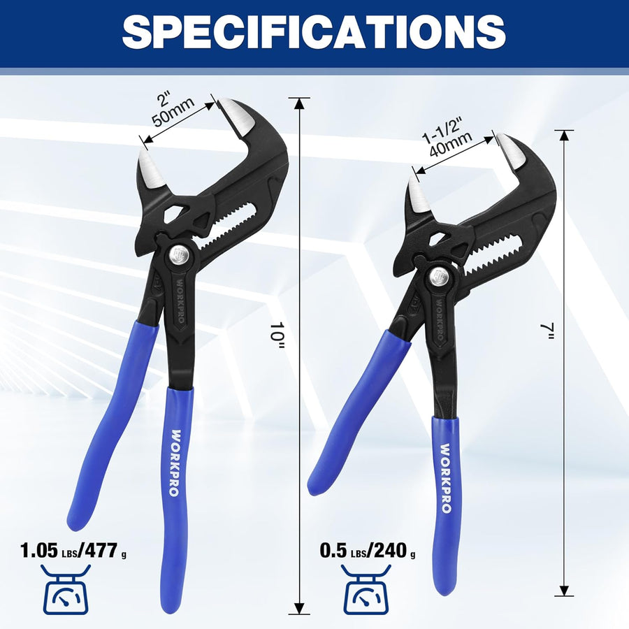 WORKPRO Pliers Wrench Set, 7 & 10-Inch CR-V Construction Wrench Pliers, Adjustable Parallel Smooth Jaw Pliers, Black Finish, Groove Lock Mechanism