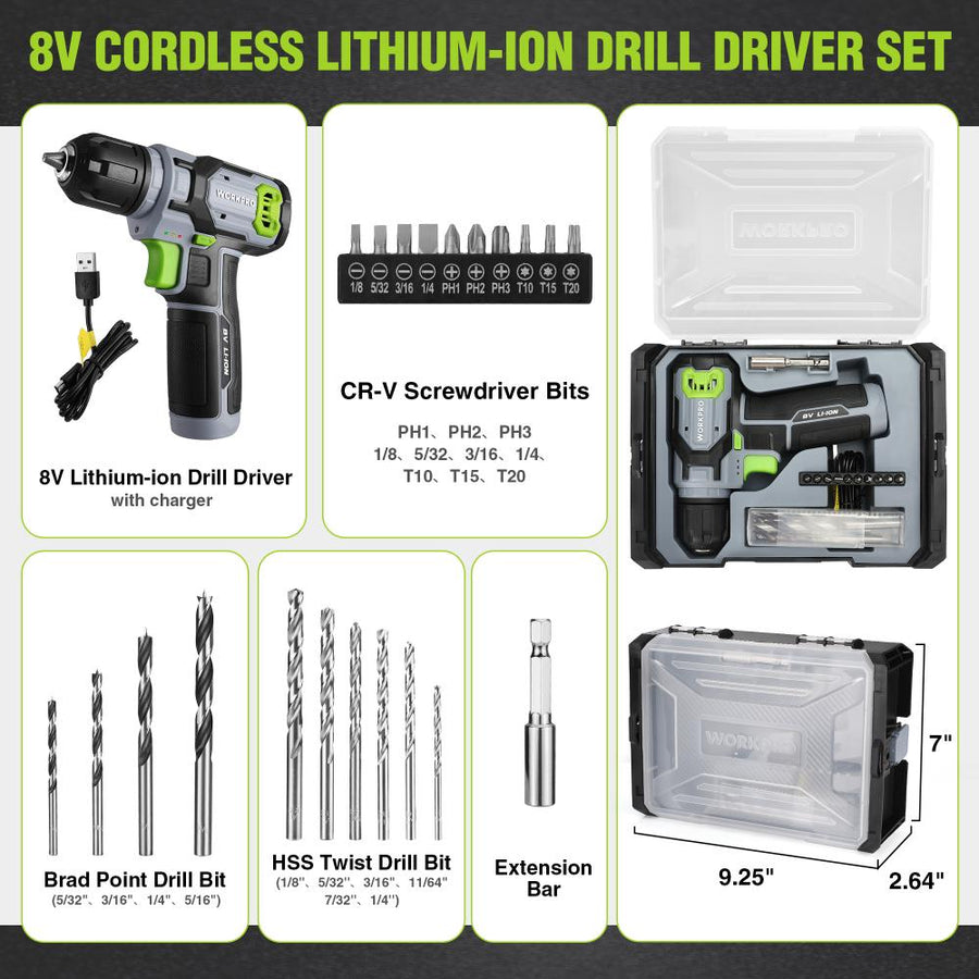 WORKPRO Cordless Power Drill Set with Stackable Tool Box, 8V Cordless Drill Driver and Bit Set, 2.0Ah Electric Cordless Screwdriver Kit with 3/8" Keyless Chuck, Portable Drill for Home Repair, DIY