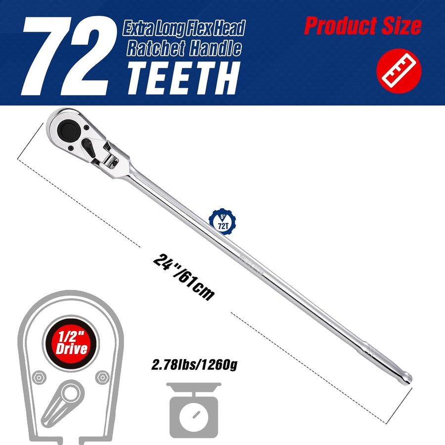 WORKPRO 1/2 inch Drive Extra Long Flex Head Ratchet, 24 Inch Long CR-V Steel Ratchet Handle with Chromium Plating, CR-MO Head, Quick Release Reversible Design, 72-Tooth