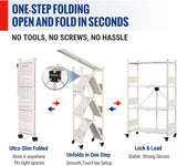 WORKPRO 4-Tier Folding Shelf, No-Assembly Metal Storage Rack with Wheels, 600 lbs Capacity (with Leveling Feet), Collapsible Shelving Unit for Kitchen, Pantry, Closet & Craft Shows - White