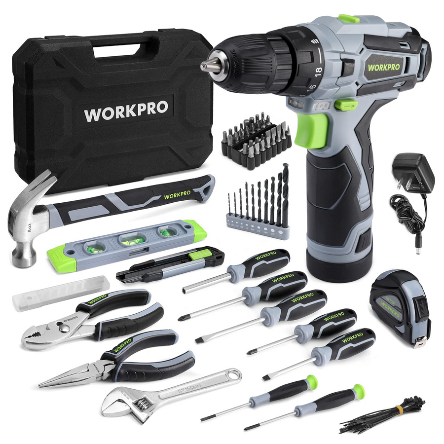 WORKPRO 108-Piece Portable Tool Set with Power Drill, Grey