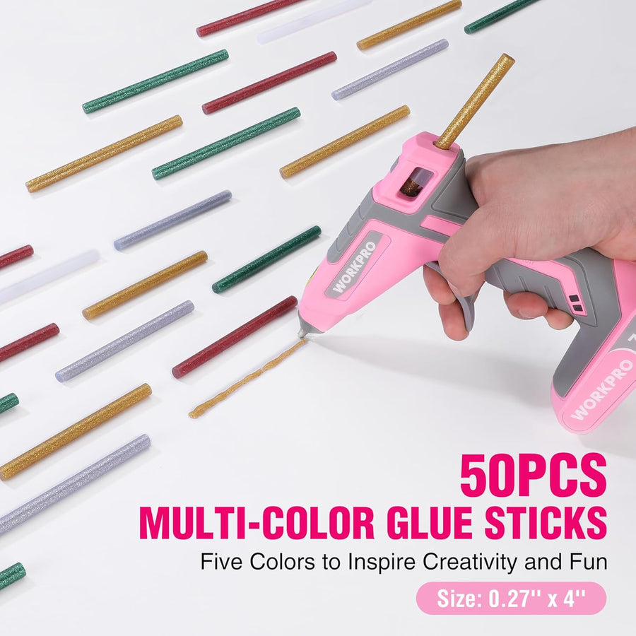 WORKPRO Cordless Hot Glue Gun, 7.2V Glue Gun with 50 Pcs Premium Mini Glue Sticks and Storage Bag, 2600mAh Type-C Rechargeable, Dual-Temp Hot Glue Gun Kit for DIY, Crafting and Arts - Pink Ribbon