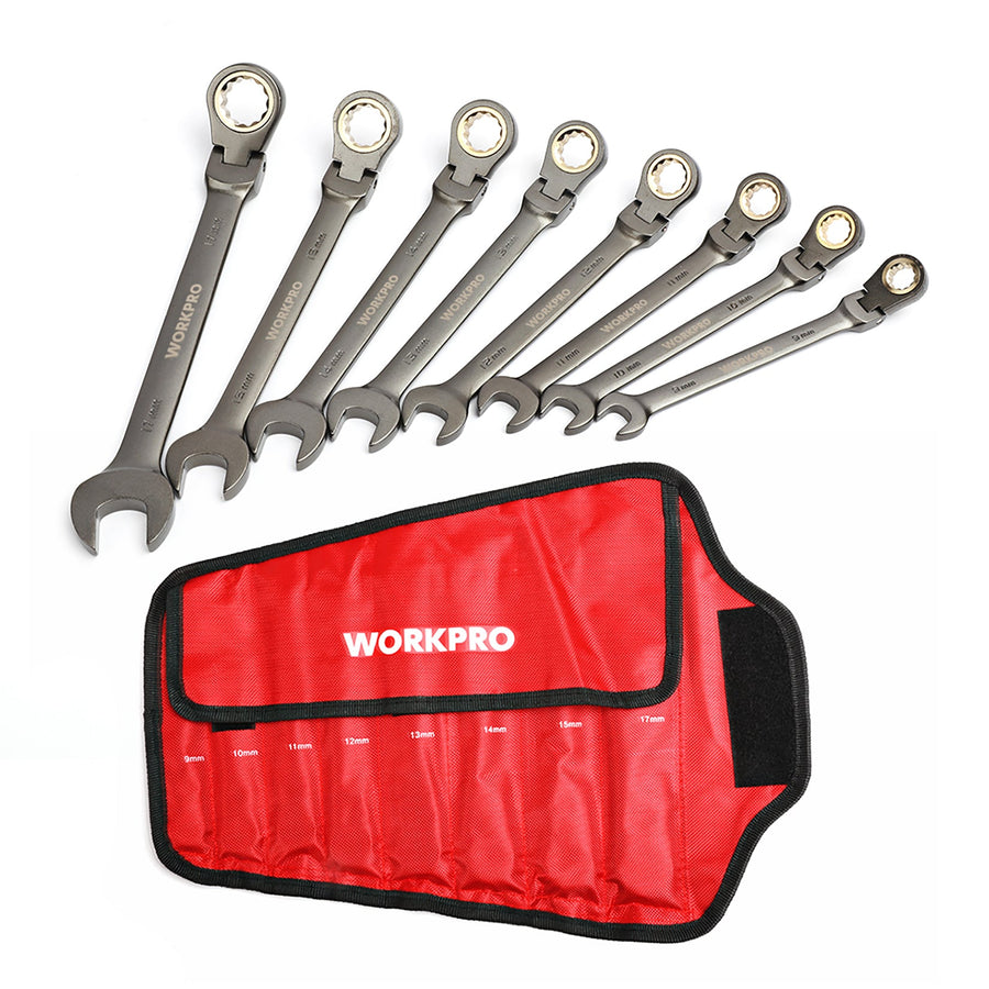 WORKPRO 8 Pcs Flex-Head Ratcheting Combination Wrench Set with Organizer Bag, Metric