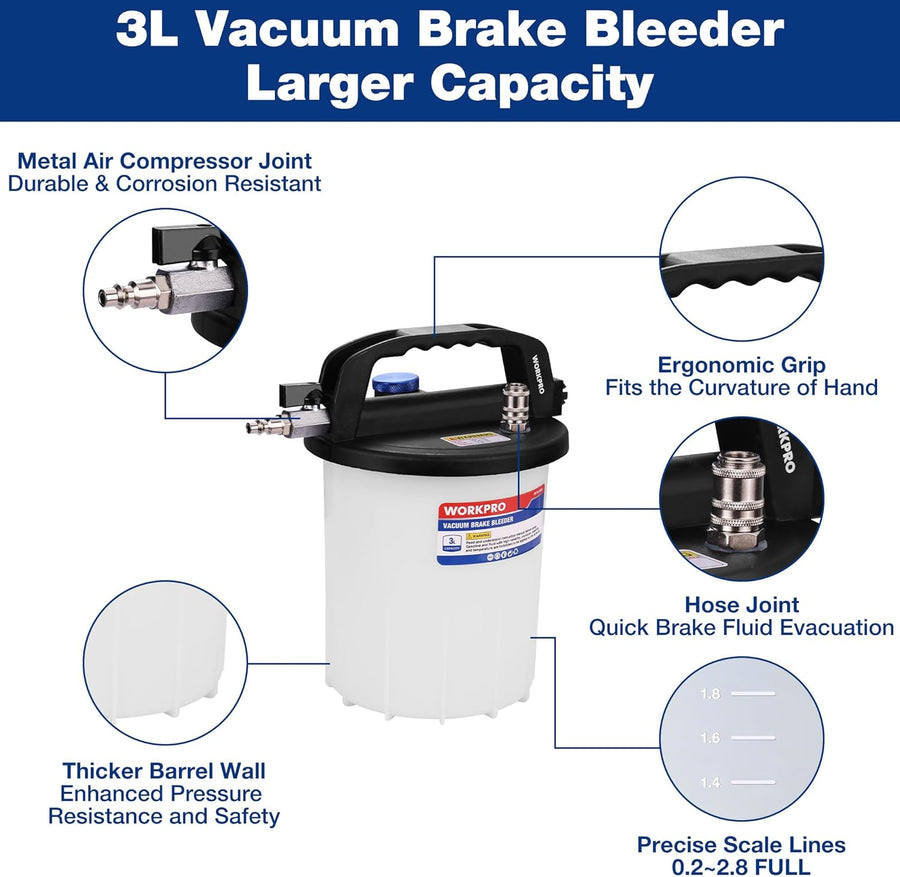 WORKPRO 3L Vacuum Brake Bleeder Kit, Pneumatic Brake Bleeder for One Person, with 1L Brake Fluid Refill Bottle, 22 Adapters, Air Coupler & Gloves, Brake Bleeding Tool for Various Vehicles, Motorcycles