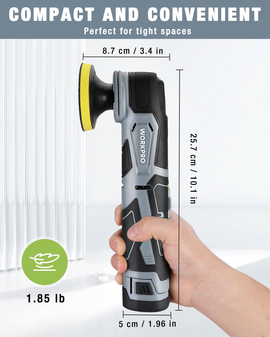 WORKPRO Cordless Mini Buffer Polisher, 12V Buffer Polisher for Car Detailing, 5 Variable Speed Up to 3000RPM, Compact Cordless Polisher Kit for Waxing, DIY Projects, Furniture Polishing