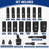 WORKPRO 20-Piece 1/2" Drive Deep Impact Socket Set, 6-Point, Cr-V Steel, 10-27mm, Universal Joint, Adapter and Extension Bar, SAE