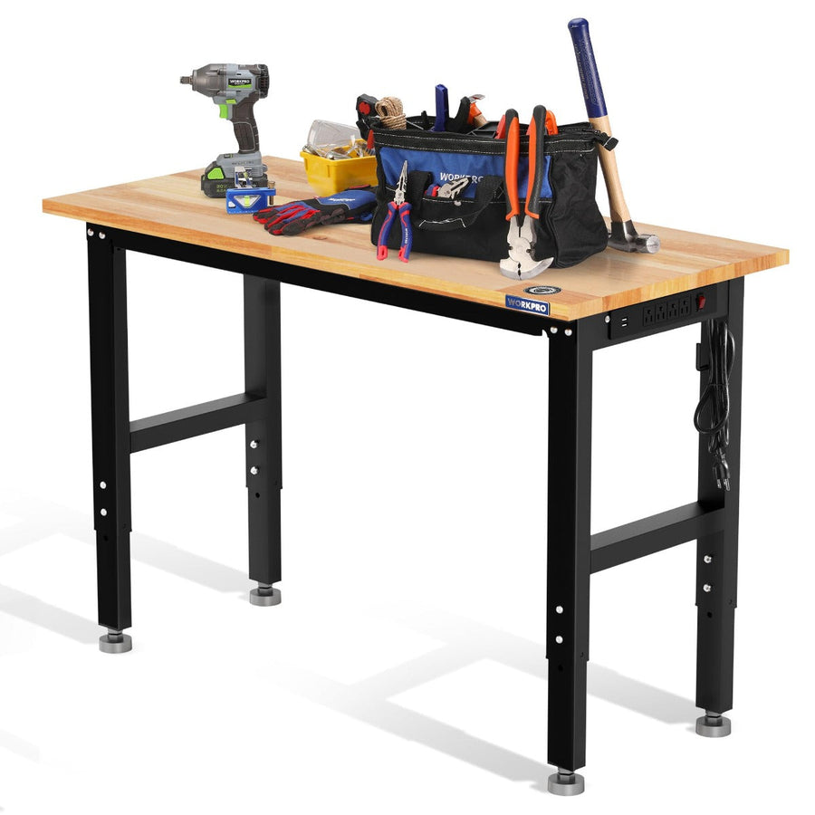 WORKPRO 48"×22" Adjustable Workbench 1500 LBS Load Capacity Hardwood Worktable with Power Outlets, Leveling Foot