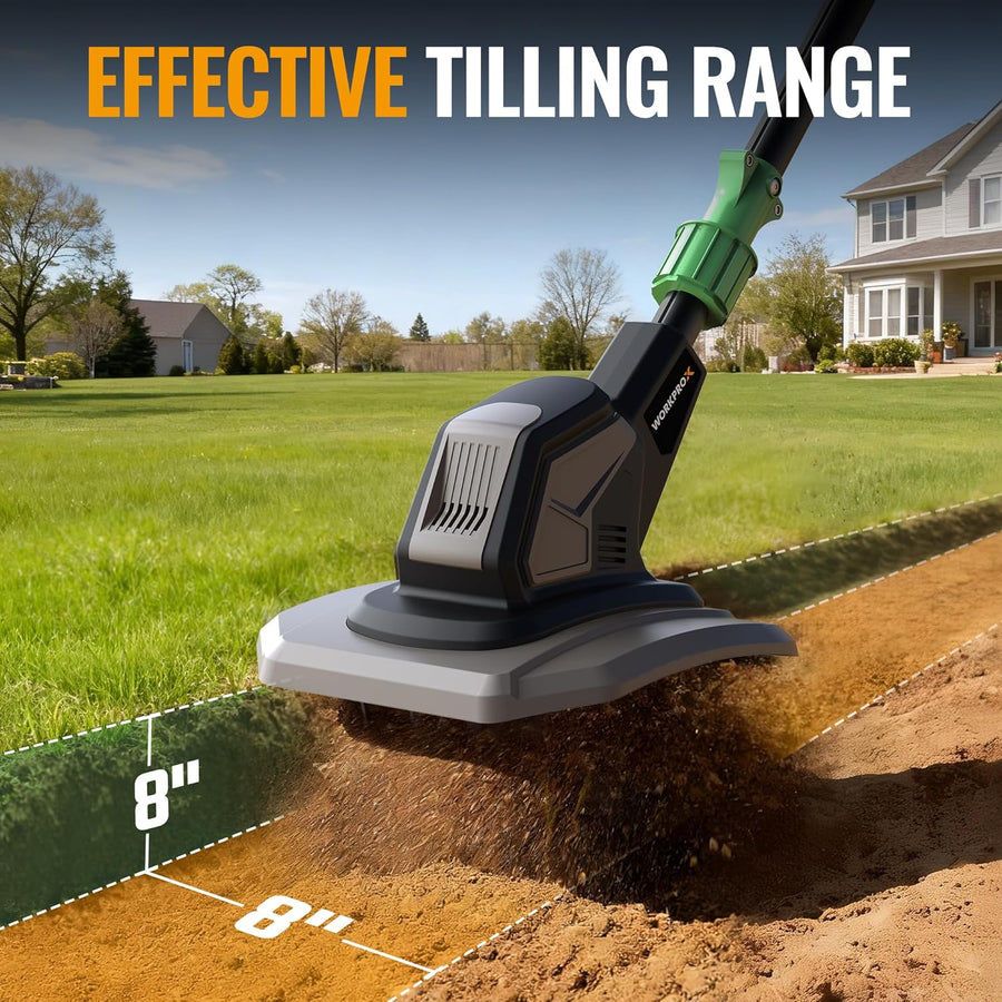 WORKPROX 20V Cordless Tiller Cultivator, 4×12 Durable Steel Tines, 8-Inch Wide & Deep Garden Rototiller, 4.0Ah Battery Powered, Electric Cultivator for Soil, Lawn & Garden