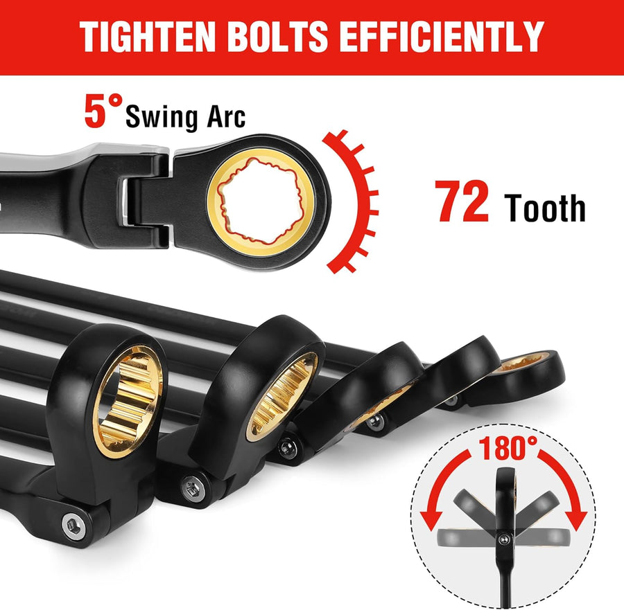 WORKPRO Extra Long Flex-Head Ratcheting Wrench Set, 5-piece Anti-Slip Double Box Wrenches Set, SAE 1/4-13/16 mm, 72-Teeth, Cr-V Steel and Black Electrophoretic Coating Wrenches with Rolling Pouch
