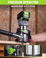 WORKPRO 20V Cordless Compact Router Tool, 6 Variable Speeds up to 30,000RPM Wood Router for Chamfering, Slotting, Trimming, with Multi-Angle Adjustable, Straight, Dual-Handle Base and Multiple Bits
