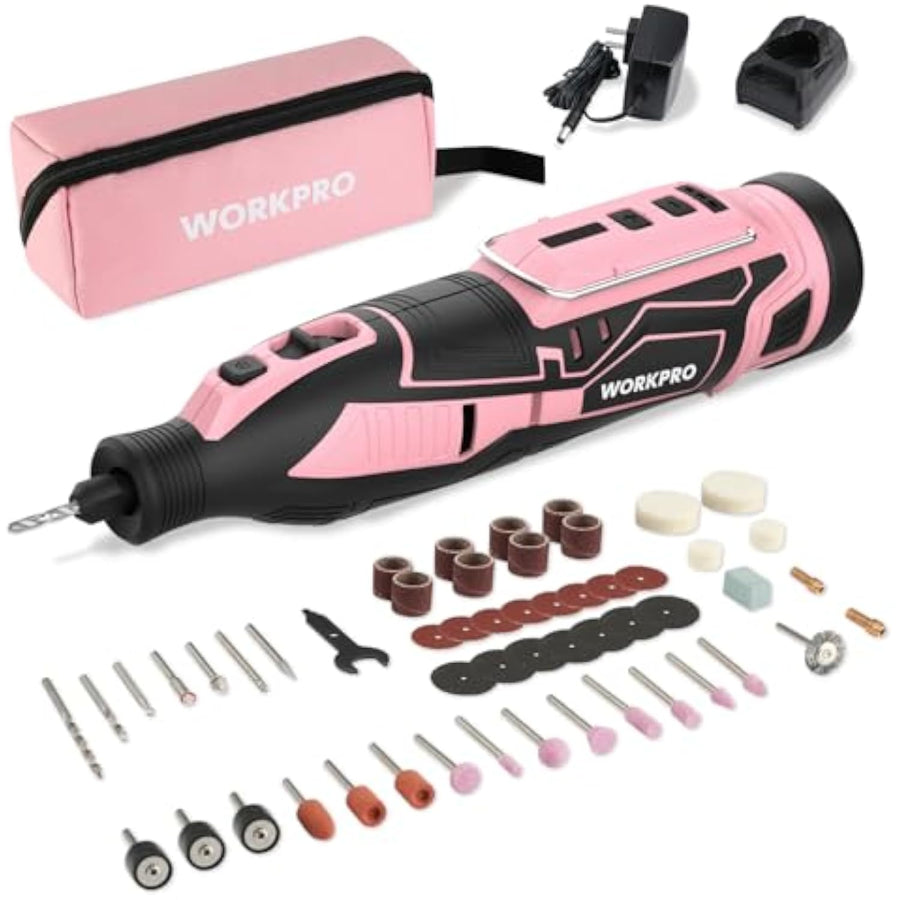 WORKPRO Pink 12V Cordless Rotary Tool Kit, 5 Variable Speeds, 114 Easy Change Accessories - Pink Ribbon