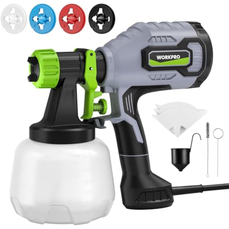 WORKPRO Paint Sprayer, 600W HVLP Spray Paint Gun with 4 Nozzles, 3 Spray Patterns & Adjustable Flow, 44 fl.oz (1300ml) Container, Paint Gun for Furniture, Cabinets, Fence, Walls, Doors, DIY Projects