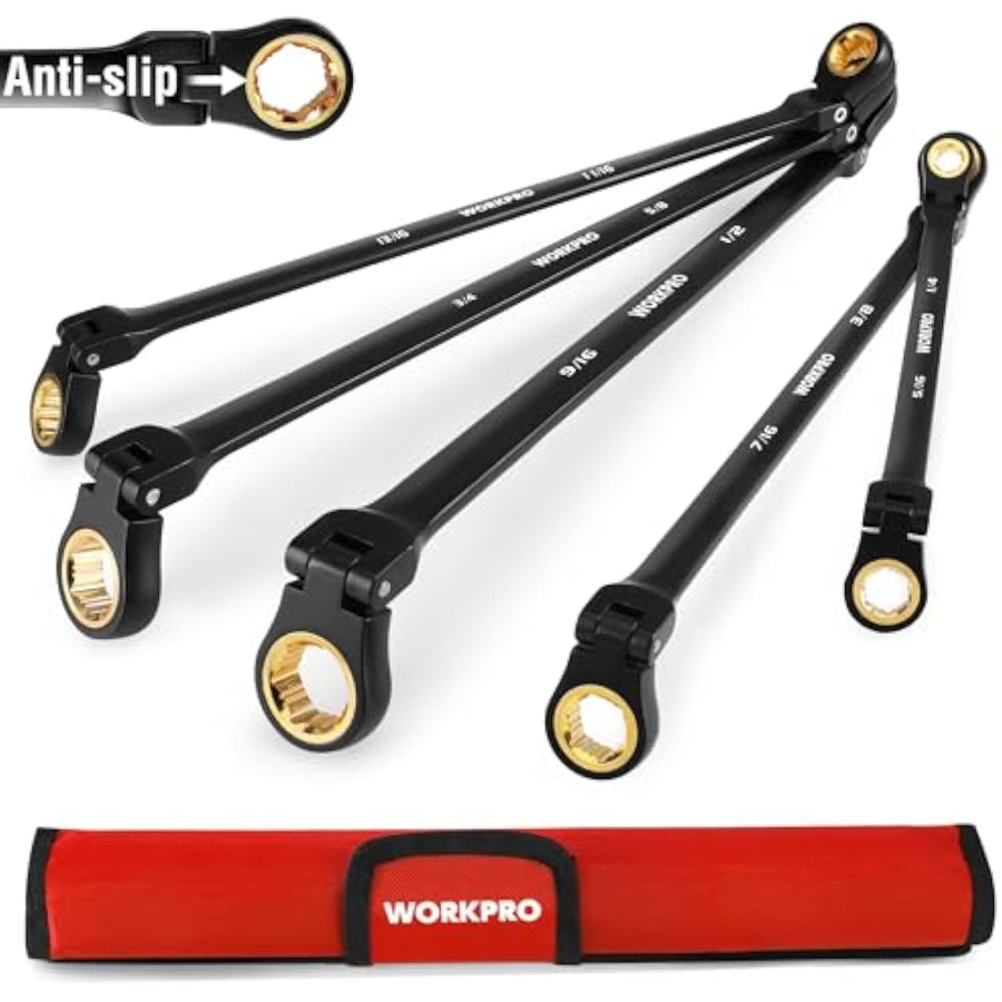 WORKPRO Extra Long Flex-Head Ratcheting Wrench Set, 5-piece Anti-Slip Double Box Wrenches Set, SAE 1/4-13/16 mm, 72-Teeth, Cr-V Steel and Black Electrophoretic Coating Wrenches with Rolling Pouch