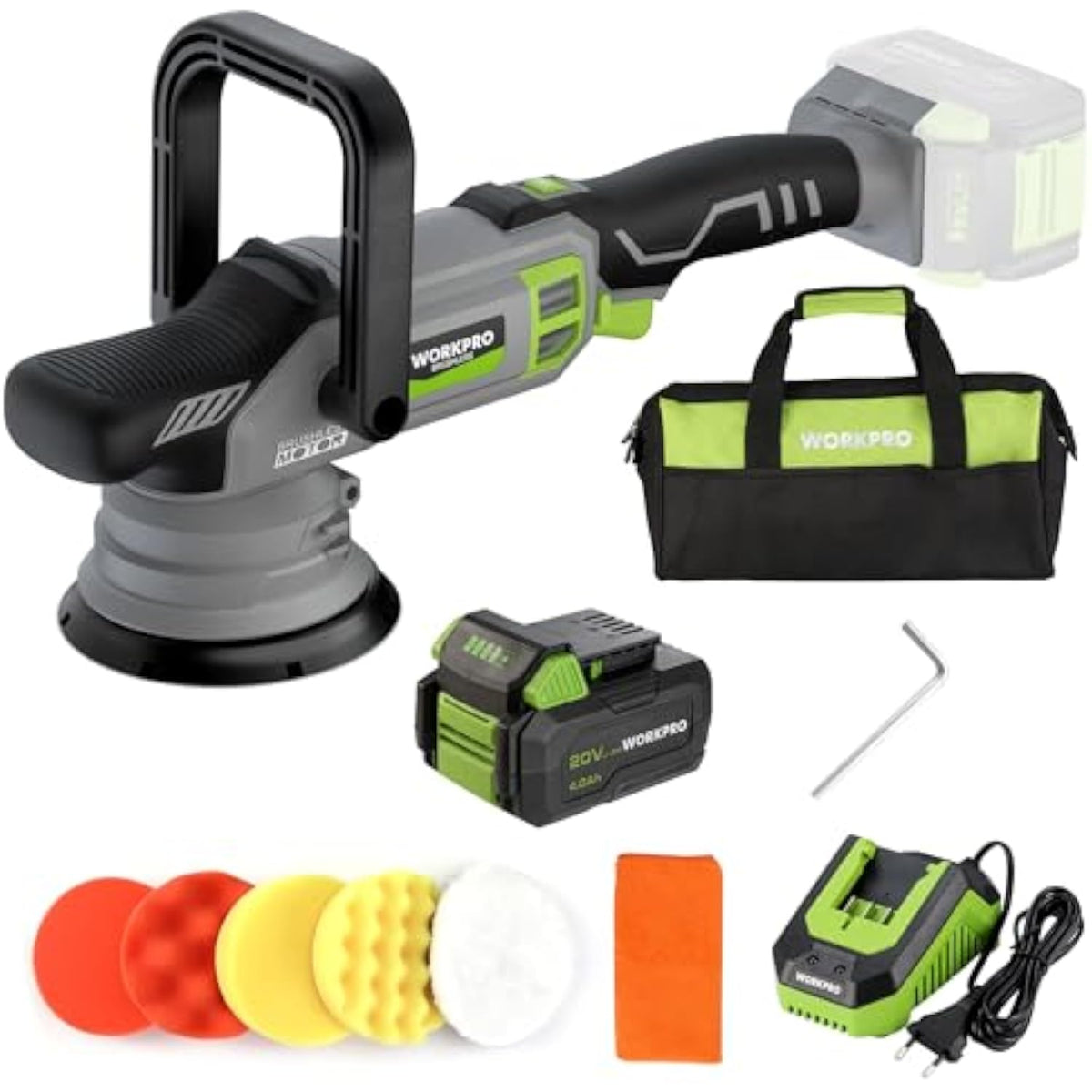 WORKPRO 20V Cordless & Brushless Dual Action Buffer Polisher Kit with 4.0Ah Battery, 7 Variable Speed Up to 5000RPM