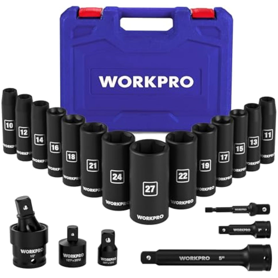 WORKPRO 20-Piece 1/2" Drive Deep Impact Socket Set, 6-Point, Cr-V Steel, 10-27mm, Universal Joint, Adapter and Extension Bar, Metric
