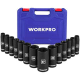 WORKPRO 14-Piece 1/2" Drive Deep Impact Socket Set, 6-Point Impact Deep Socket Set with Heavy Duty Storage Case for Automotive and Mechanical Repairs, 10mm-27mm, Cr-V Steel, Metric