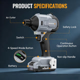 WORKPROX Compressed Air Duster 20V Max, 4-Speed Brushless Air Blower, Black | Powerful Electric Air Duster Rechargeable with 3 Nozzles and LED for PC, Keyboards, Car, Mattress Inflating, Home and Outdoor
