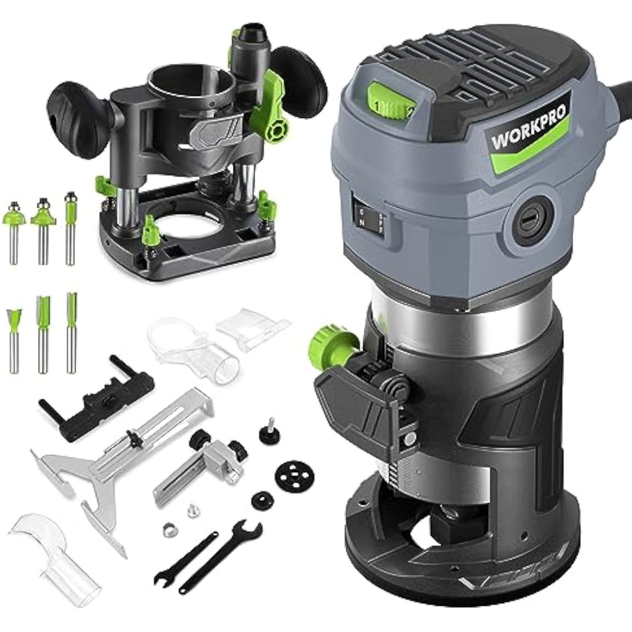 WORKPRO Compact Router Combo Kit, 6.5 Amp Compact Router Fixed Base & Plunge Router for Woodworking Slotting Trimming, 6 Variable Speeds to 32000 RPM