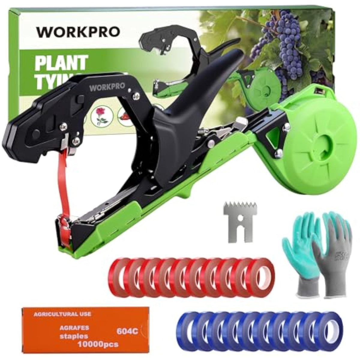 WORKPRO Plant Tying Machine, Lightweight Tape Gun for Tying Vines and Support Plants, Includes Gloves, 20 Rolls of Tape, 10,000 Staples, Ideal for Tomatoes, Grapes, Cucumber and Vegetables